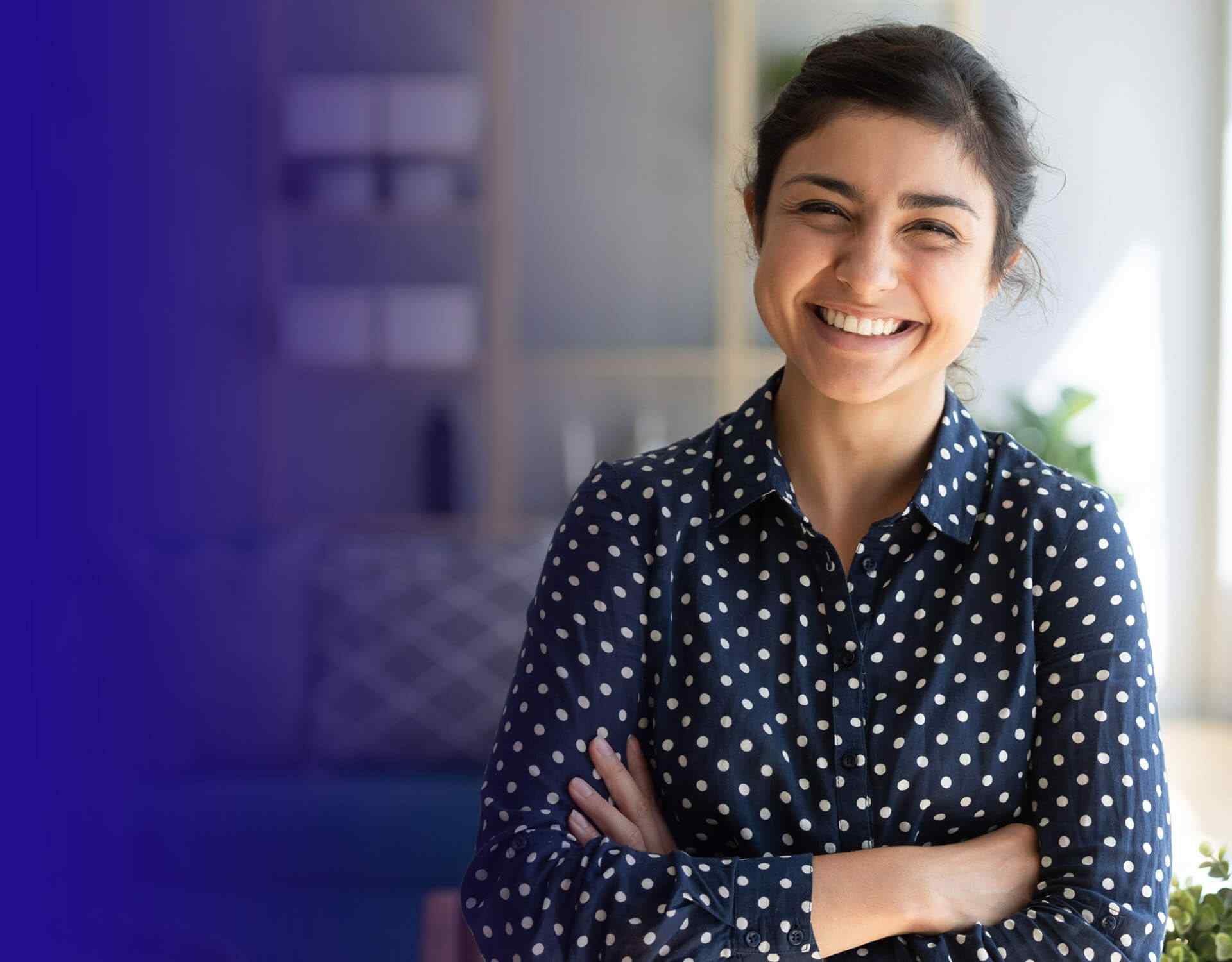 Professional woman smiling confidently in office setting